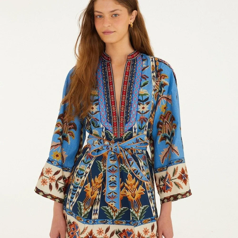 Farm Rio Embroidered Tapestry Organic Cotton Blue Boho Mini Dress with Belt - Picture 3 of 10